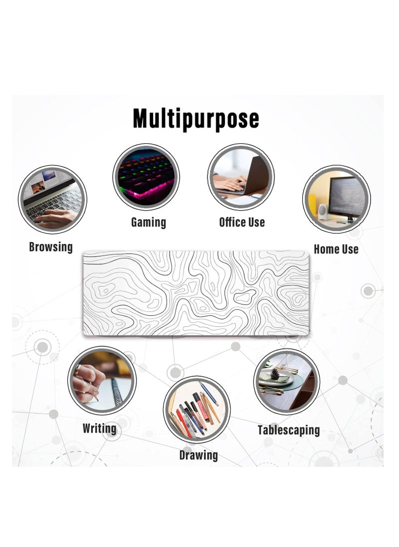 Large Gaming Mouse Pad with Stitched Edges, XL Desk Mat with Topographic Map Design, Extended Mousepad with Anti-Slip, Desk Pad Base for Keyboard and Mouse, 800*300*2MM, White