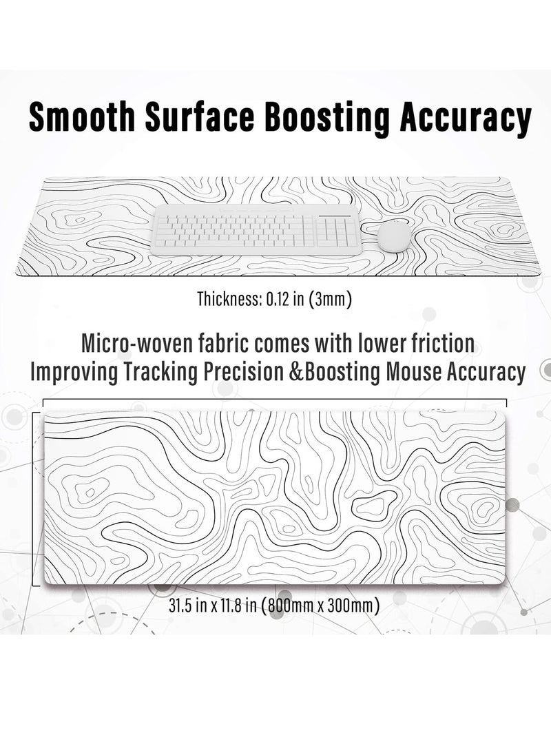 Large Gaming Mouse Pad with Stitched Edges, XL Desk Mat with Topographic Map Design, Extended Mousepad with Anti-Slip, Desk Pad Base for Keyboard and Mouse, 800*300*2MM, White