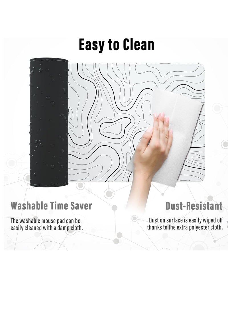 Large Gaming Mouse Pad with Stitched Edges, XL Desk Mat with Topographic Map Design, Extended Mousepad with Anti-Slip, Desk Pad Base for Keyboard and Mouse, 800*300*2MM, White