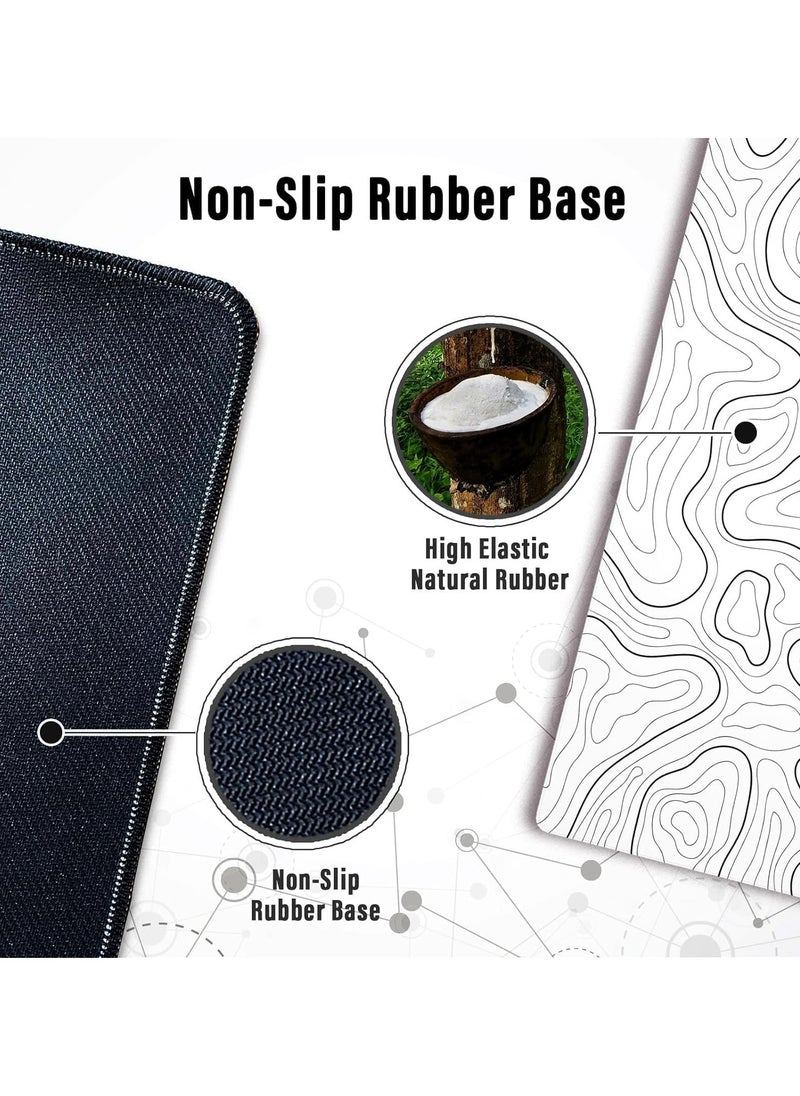 Large Gaming Mouse Pad with Stitched Edges, XL Desk Mat with Topographic Map Design, Extended Mousepad with Anti-Slip, Desk Pad Base for Keyboard and Mouse, 800*300*2MM, White