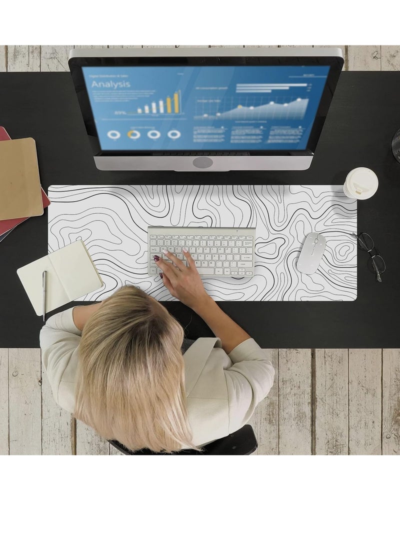 Large Gaming Mouse Pad with Stitched Edges, XL Desk Mat with Topographic Map Design, Extended Mousepad with Anti-Slip, Desk Pad Base for Keyboard and Mouse, 800*300*2MM, White
