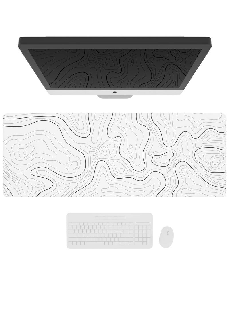 Large Gaming Mouse Pad with Stitched Edges, XL Desk Mat with Topographic Map Design, Extended Mousepad with Anti-Slip, Desk Pad Base for Keyboard and Mouse, 800*300*2MM, White