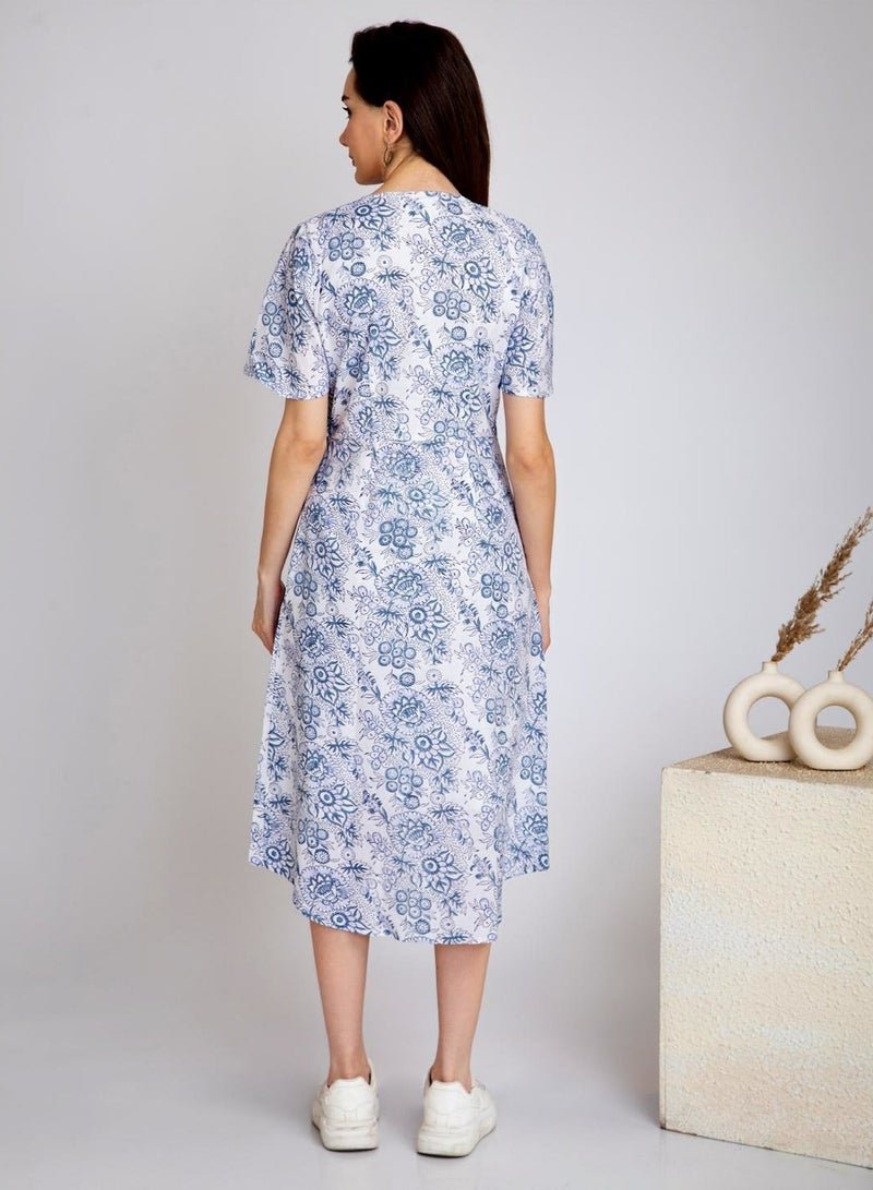 Pure Cotton Midi Overlap Dress - White with Blue Floral Hand Block Print - Image 3