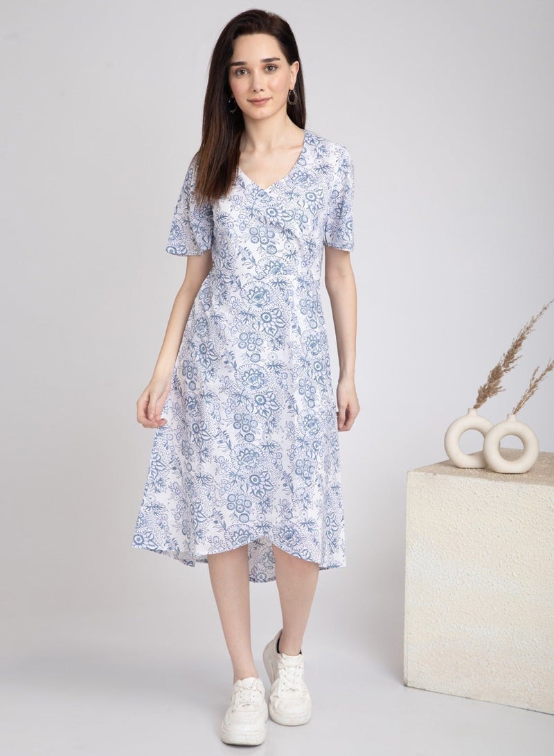 Pure Cotton Midi Overlap Dress - White with Blue Floral Hand Block Print - Image 2