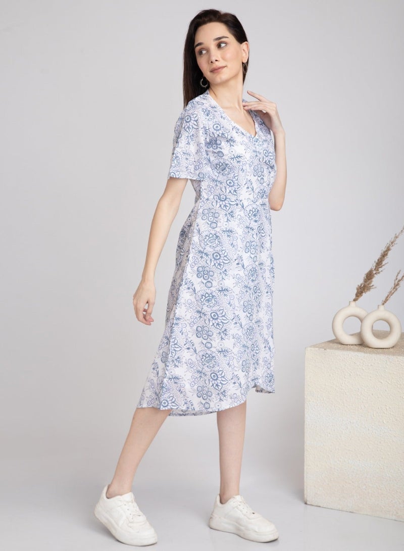 Pure Cotton Midi Overlap Dress - White with Blue Floral Hand Block Print - Image 1