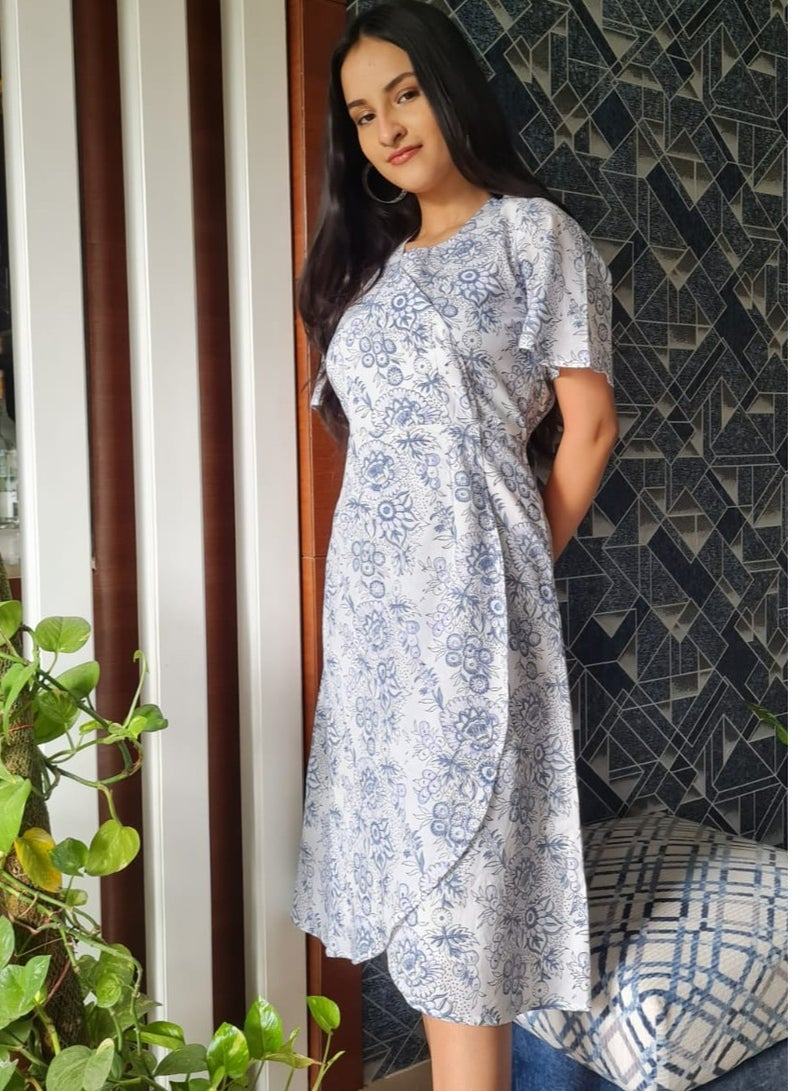 Pure Cotton Midi Overlap Dress - White with Blue Floral Hand Block Print - Image 5
