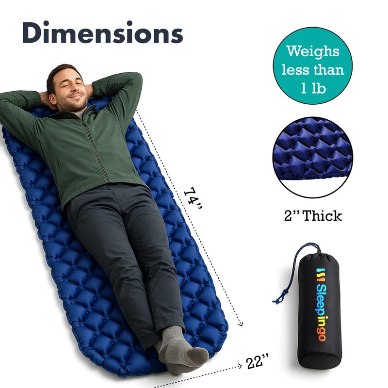Sleepingo حصيرة نوم قابلة للنفخ من سليبنجو - وسادة نوم فائقة الخفة للتخييم وحمل الحقائب - مرتبة هوائية مدمجة - حصائر من نايلون مقاوم للتمزق - خفيفة الوزن، محمولة - 73.5" × 21.5" - زرقاء - Image 3