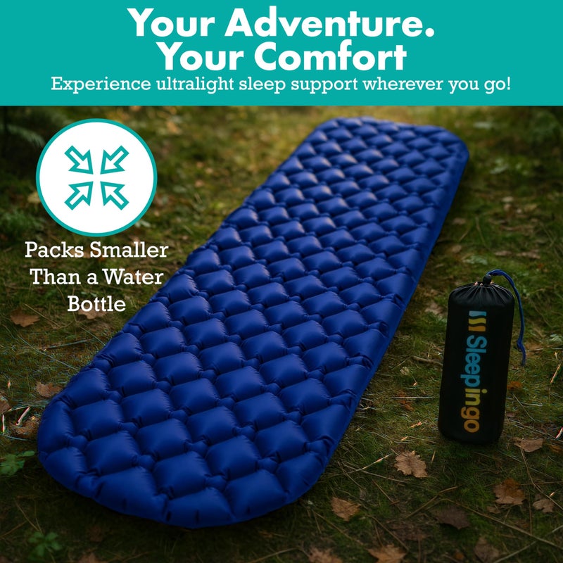 Sleepingo حصيرة نوم قابلة للنفخ من سليبنجو - وسادة نوم فائقة الخفة للتخييم وحمل الحقائب - مرتبة هوائية مدمجة - حصائر من نايلون مقاوم للتمزق - خفيفة الوزن، محمولة - 73.5" × 21.5" - زرقاء - Image 4