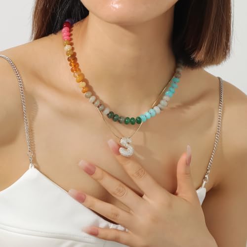 Qitian Beaded Gemstone Necklace for Women, Colorful Boho Bead Choker Necklace Natural Stone Freshwater Pearl Surfer Beach Necklace 18K Gold Plated Summer Handmade Jewelry Gifts - Image 2