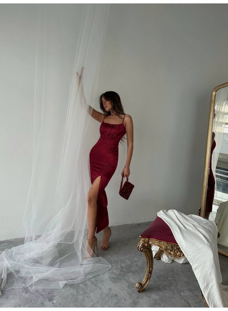 JOY Straps Turkish satin maxi dress - Burgundy - Image 1