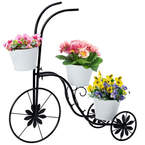 LEWIS&WAYNE LEWISWAYNE Metal Tricycle Planter 3 Tier Floral Flower Plant Stand Holder Hand Painted Outdoor Garden Patio Decor - Image 1