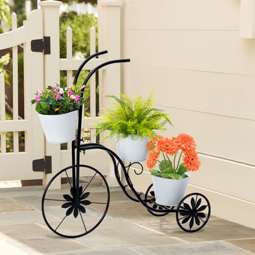 LEWIS&WAYNE LEWISWAYNE Metal Tricycle Planter 3 Tier Floral Flower Plant Stand Holder Hand Painted Outdoor Garden Patio Decor - Image 3