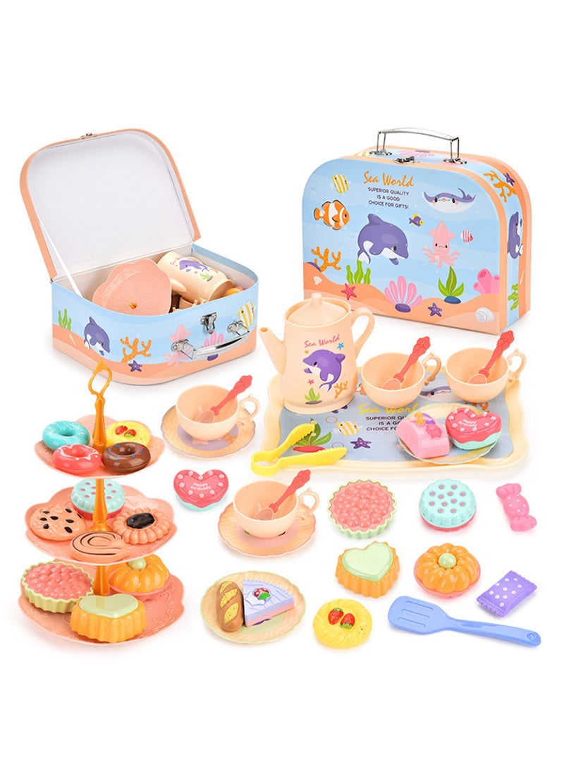 Ocean Tea Set Plastic Afternoon Tea Portable Gift Box With Dessert Suitable For Little Girls, Safe And Durable Children'S Tea Party Kitchen Tableware Set Toys Suitable For Children Over 3 Years Old - Image 1
