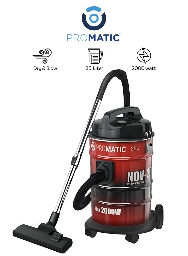 بروماتيك مكنسة بروماتيك برميل 2000 واط سعة 25 لتر موديل NDV-25L — قوة شفط احترافية، استخدام منزلي وتجاري، فلتر عالي الكفاءة، أداء قوي للأتربة الثقيلة - Image 1