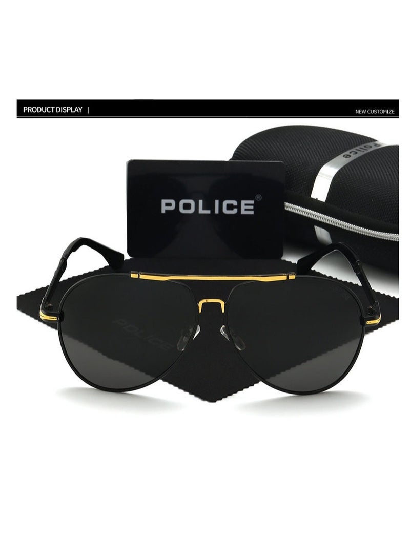 POLICE New Fashion Men's Polarized Sunglasses Protects You from UV Rays Metal High-end Sunglasses Black Frame Black Gold  - Image 2