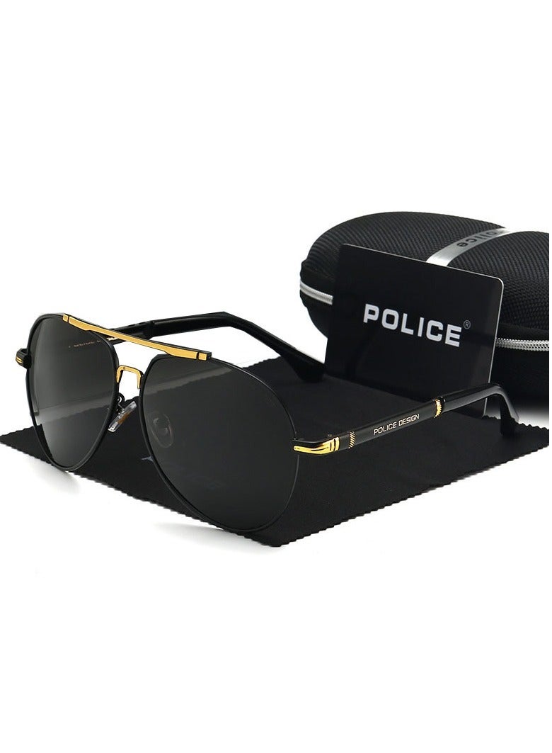 POLICE New Fashion Men's Polarized Sunglasses,Cycling Sunglasses, Protects You from UV Rays Metal High-end Sunglasses Black Frame Black Gold - Image 1