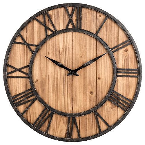 Oldtown Clocks Oldtown Farmhouse Metal & Solid Wood Noiseless Wall Clock (Wood, 24-inch) - Image 1