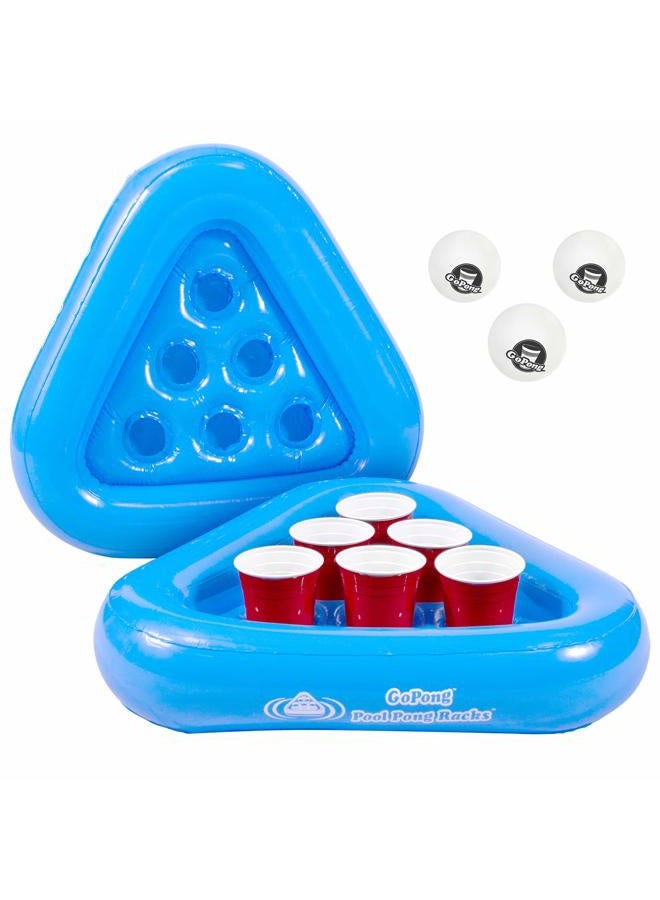 GoPong Pool Pong Rack Floating Beer Pong Set, Includes 2 Rafts and 3 Pong Balls, Blue - Image 1