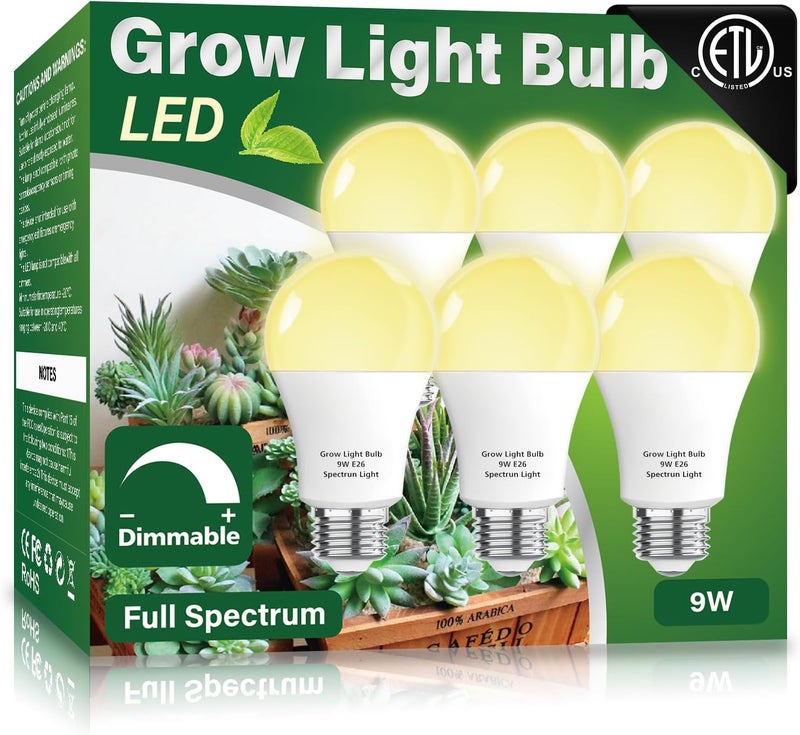 Wiyifada 6 Pack Full Spectrum Grow Light Bulbs,A19 Grow Lights for Indoor Plants,Dimmable E26 9W Grow Bulb Replace up to 100W,Plant Lights for Indoor Growing,Flowers,Greenhouse,Indore - Image 1