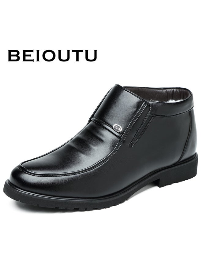 Beioutu Winter Men's Leather Boots, Fleece-lined Warm Business Casual Shoes, Slip-on Formal Cotton Leather Shoes, Men's Winter Mid-top Boots, 3320 Black, Size 42 - Image 1