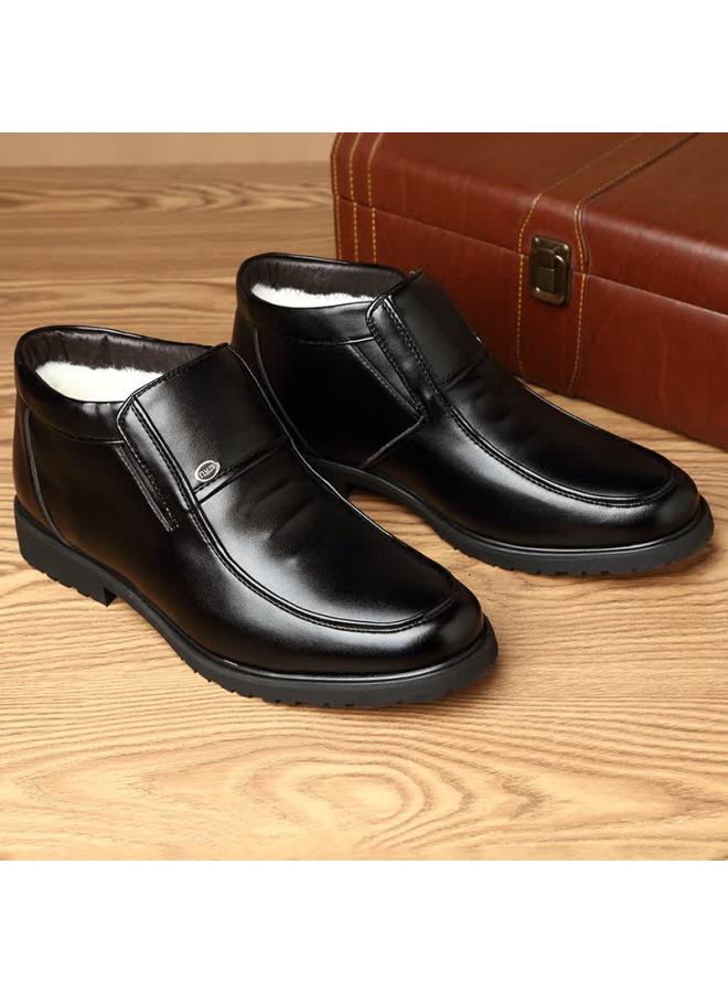 Beioutu Winter Men's Leather Boots, Fleece-lined Warm Business Casual Shoes, Slip-on Formal Cotton Leather Shoes, Men's Winter Mid-top Boots, 3320 Black, Size 42 - Image 4