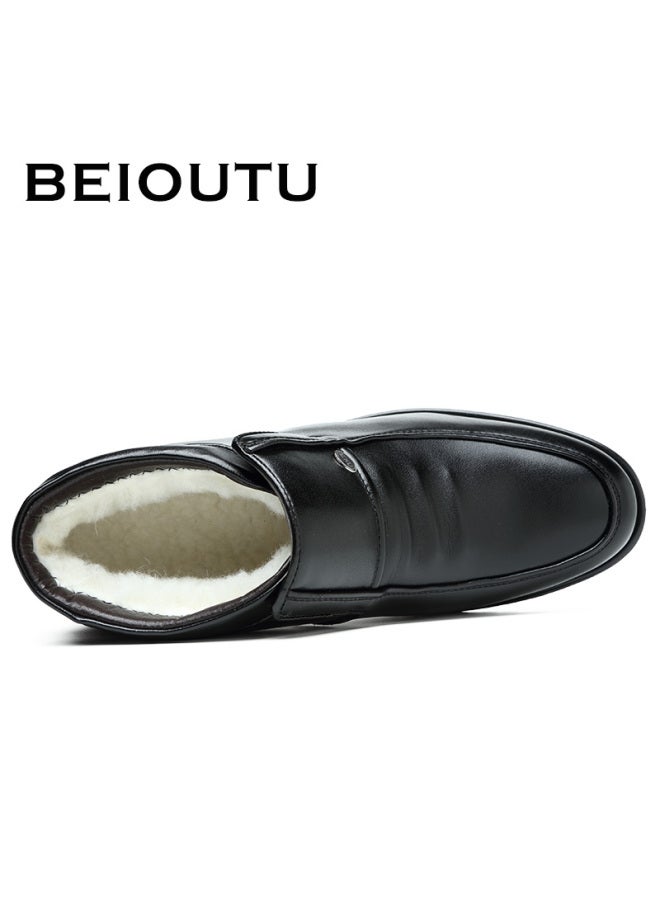 Beioutu Winter Men's Leather Boots, Fleece-lined Warm Business Casual Shoes, Slip-on Formal Cotton Leather Shoes, Men's Winter Mid-top Boots, 3320 Black, Size 42 - Image 2