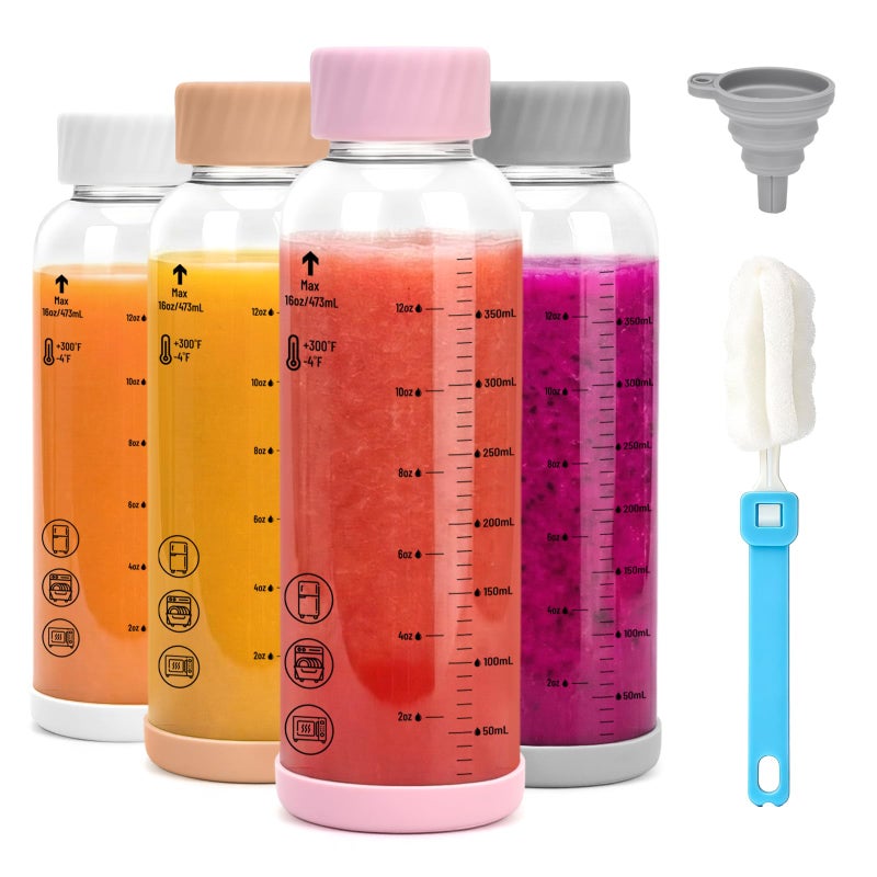 Zukro Glass Water Bottles with Colored lids 16 oz - 4 Pack Heat-resistant Borosilicate Juice Bottles with Stainless Steel Cap for Juicing, Protein, Milk, Smoothies - Airtight Leak proof, BPA Free - Image 1
