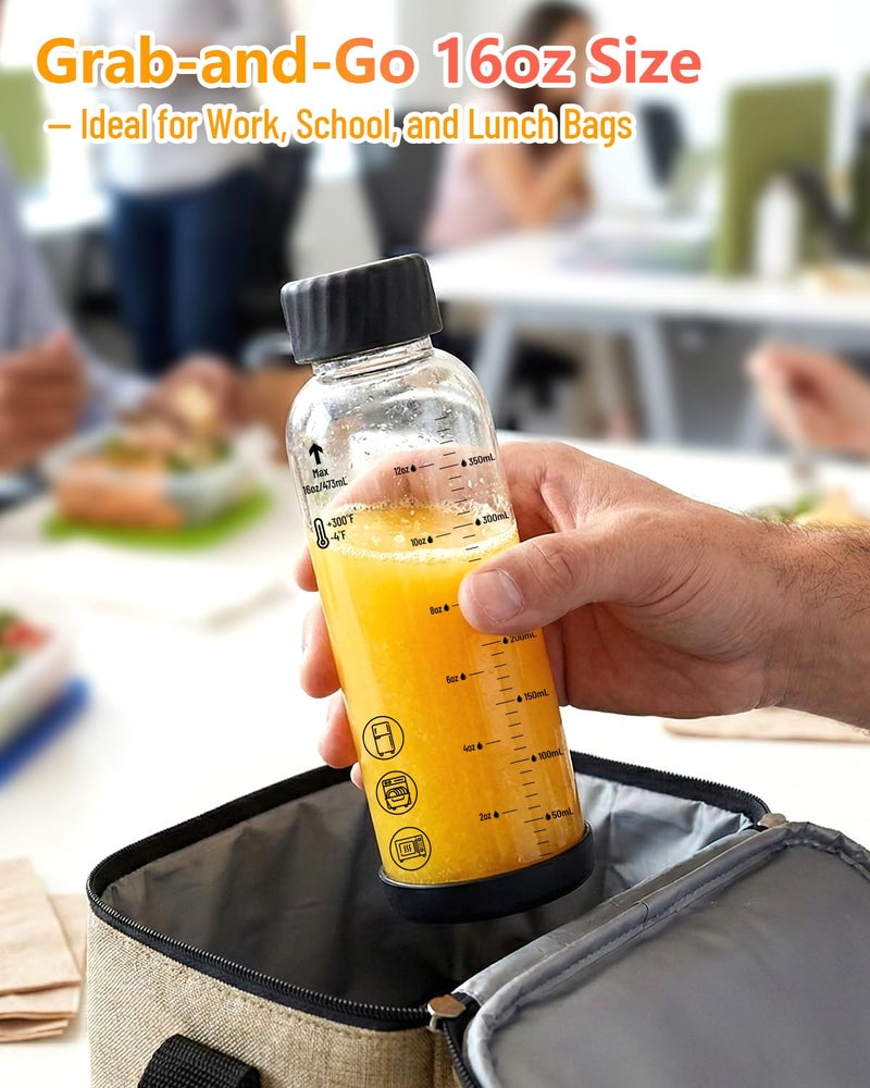 Zukro Glass Water Bottles with Colored lids 16 oz - 4 Pack Heat-resistant Borosilicate Juice Bottles with Stainless Steel Cap for Juicing, Protein, Milk, Smoothies - Airtight Leak proof, BPA Free - Image 3