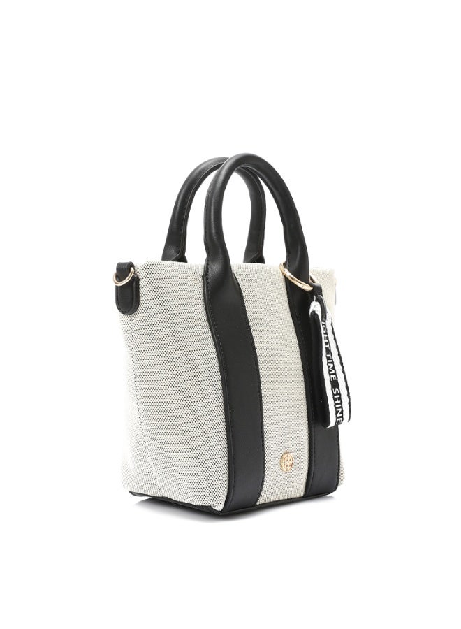DejaVu One Main Compartment Small Textille Handbag - Beige & Black  - Image 2