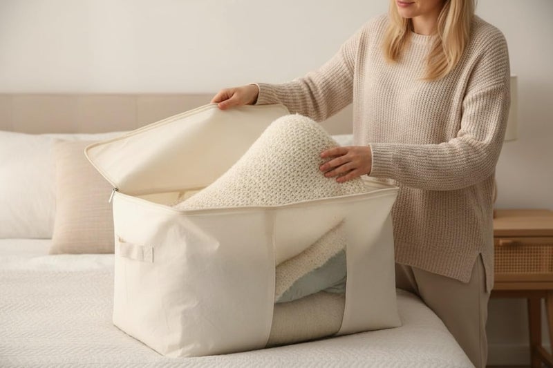 DoYiKe Soft Large Canvas Storage Bags with Zipper and Clear Window, Cotton Linen Storage Organizer for Pillows, Quilt, Blankets and Comforter, 80L, 4 Pack, Beige - Image 5