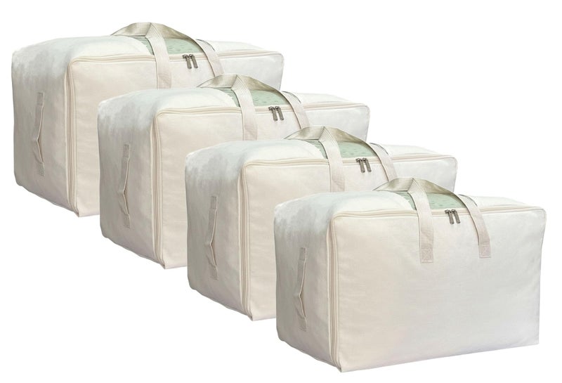 DoYiKe Soft Large Canvas Storage Bags with Zipper and Clear Window, Cotton Linen Storage Organizer for Pillows, Quilt, Blankets and Comforter, 80L, 4 Pack, Beige - Image 1