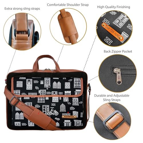 Funk For Hire Printed One Pocket Cotton Canvas Unisex 17 inch Laptop Bag Black - Image 4