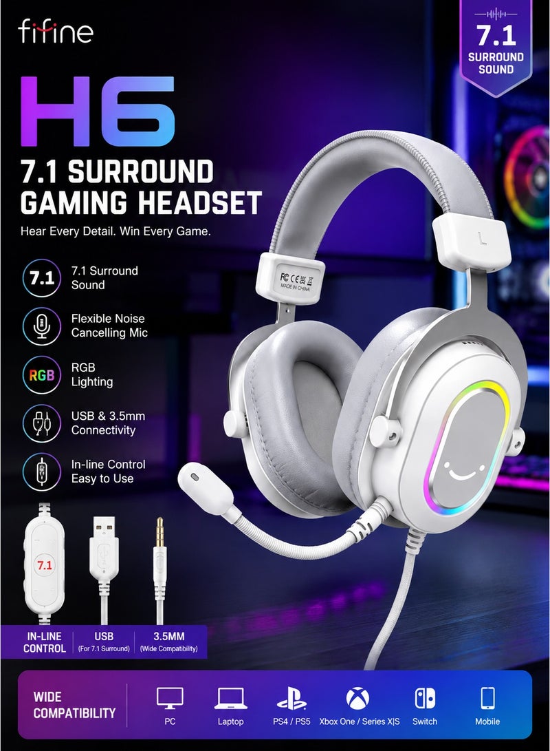 FIFINE H6 USB Gaming Headset, PC Headphones Wired with Microphone for Computer/Laptop, Over-Ear RGB Headset with 7.1 Surround Sound, Noise Cancellation - Image 1
