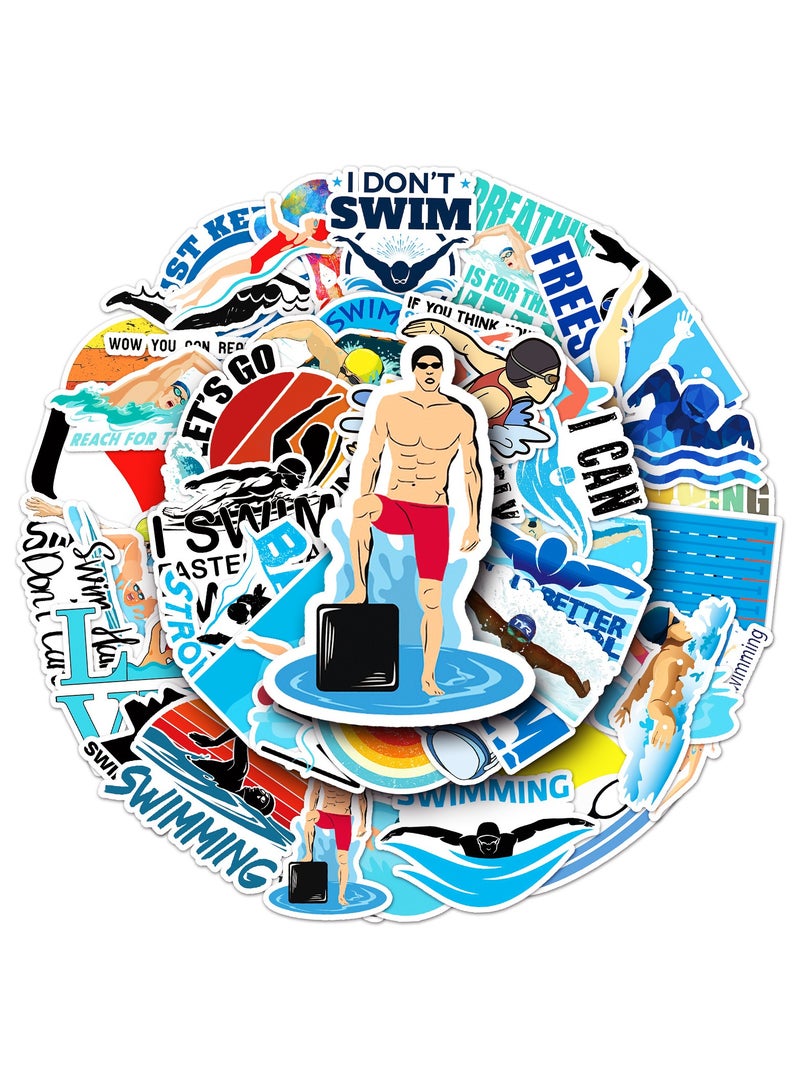 50pcs Swimming Stickers Cartoon Sports Activities Stickers for Laptop Water Bottle Phone Luggage Bicycle Cup Bike Skateboard Car Computer Decal for Kids Teens Vinyl Waterproof Stickers - Image 1