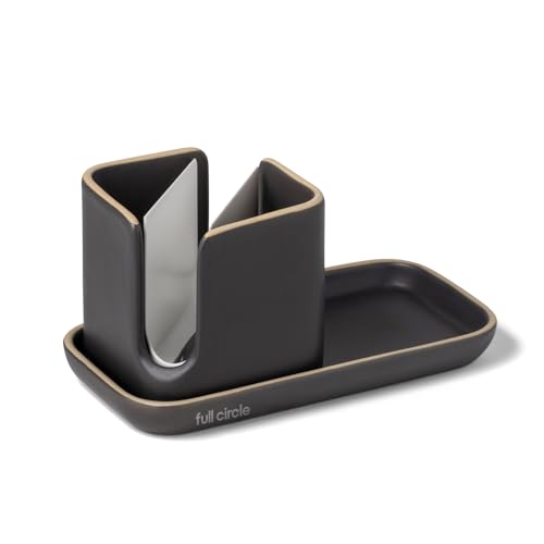 Full Circle Stash, Ceramic Kitchen Sink Caddy, Stylish Modular Sponge Holder & Dish Brush Organizer, Gray and White, 11" - Image 1