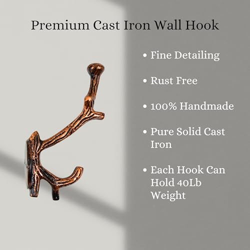 AYZCORP Set of 3 Cast Iron Tree Branch Shape Coat Hooks Wall Art DecorBranch Shape Hangers and Key HolderClothes Rack and Backpack HangerCoat Hooks Home Decor for StorageLiving CopperAntique - Image 3