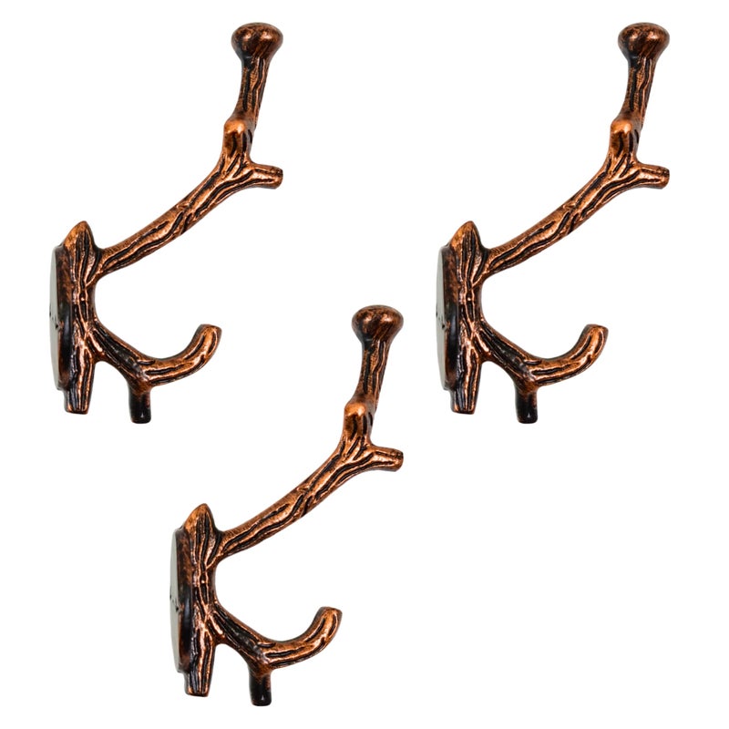 AYZCORP Set of 3 Cast Iron Tree Branch Shape Coat Hooks Wall Art DecorBranch Shape Hangers and Key HolderClothes Rack and Backpack HangerCoat Hooks Home Decor for StorageLiving CopperAntique - Image 2