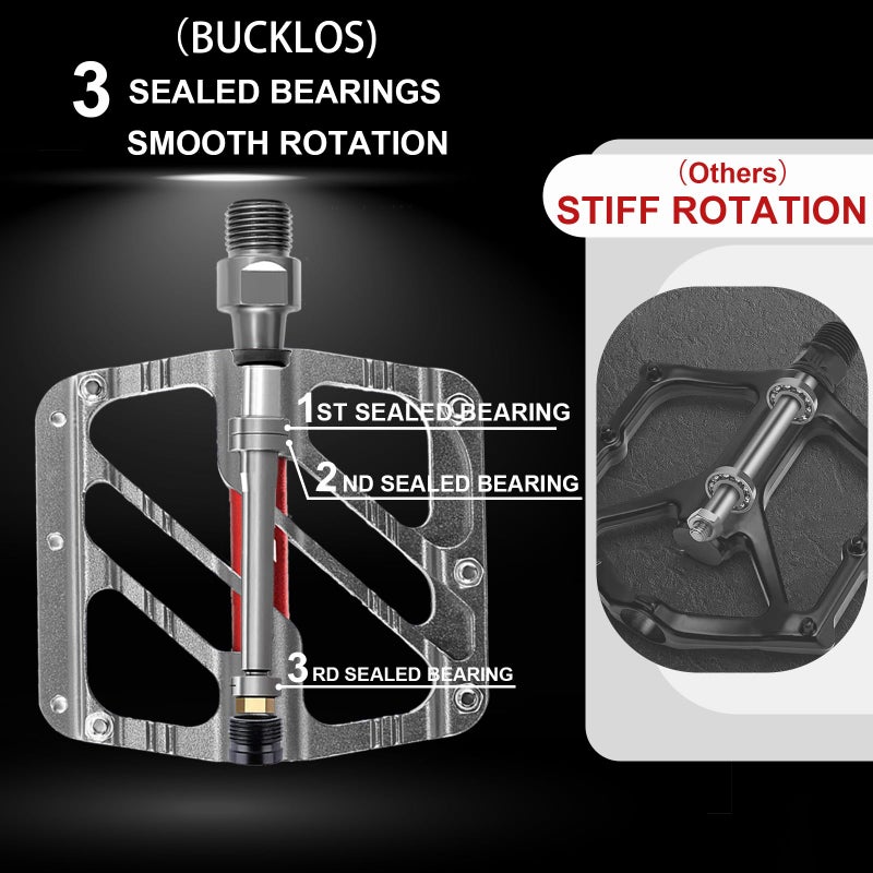 BUCKLOS MTB Flat Pedals Mountain Bike Pedals, 3 Bearings CNC Adult Road Bike Pedals, Bicycle Platform Aluminum Alloy Non-Slip Pedal for Gravel Bike/BMX 9/16"(Titanium) - Image 2