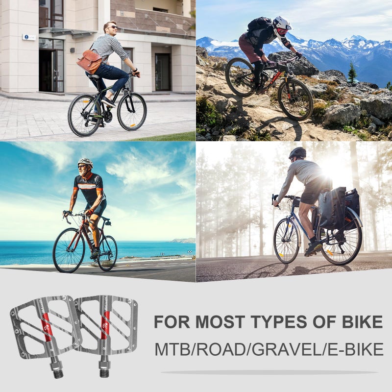 BUCKLOS MTB Flat Pedals Mountain Bike Pedals, 3 Bearings CNC Adult Road Bike Pedals, Bicycle Platform Aluminum Alloy Non-Slip Pedal for Gravel Bike/BMX 9/16"(Titanium) - Image 4