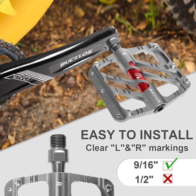 BUCKLOS MTB Flat Pedals Mountain Bike Pedals, 3 Bearings CNC Adult Road Bike Pedals, Bicycle Platform Aluminum Alloy Non-Slip Pedal for Gravel Bike/BMX 9/16"(Titanium) - Image 5