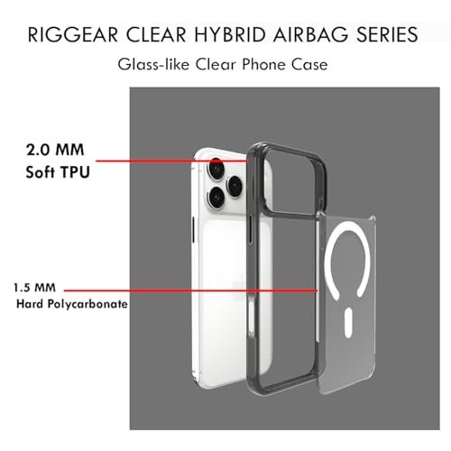 RIGGEAR Shockproof Clear Hybrid Armor Magnetic Back Cover Case Compatible with MagSafe Accessories for iPhone 17 Pro Max (Clear-Black TPU Bumper + Transparent PC) (White MagRing) - Image 4