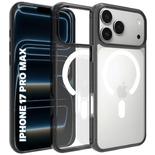 RIGGEAR Shockproof Clear Hybrid Armor Magnetic Back Cover Case Compatible with MagSafe Accessories for iPhone 17 Pro Max (Clear-Black TPU Bumper + Transparent PC) (White MagRing) - Image 1