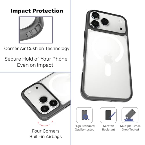 RIGGEAR Shockproof Clear Hybrid Armor Magnetic Back Cover Case Compatible with MagSafe Accessories for iPhone 17 Pro Max (Clear-Black TPU Bumper + Transparent PC) (White MagRing) - Image 3