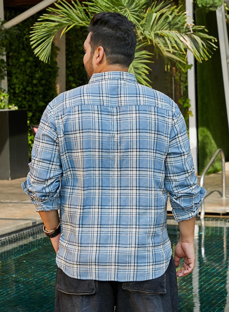 Instafab Plus Instafab Plus Men's Baby Blue Shadow-Graph Regular Shirt For Casual Wear | Spread Collar | Long Cuffed Sleeves | Button Closure | Plus Size Shirt Crafted With Comfort Fit For Everyday Wear - Image 5