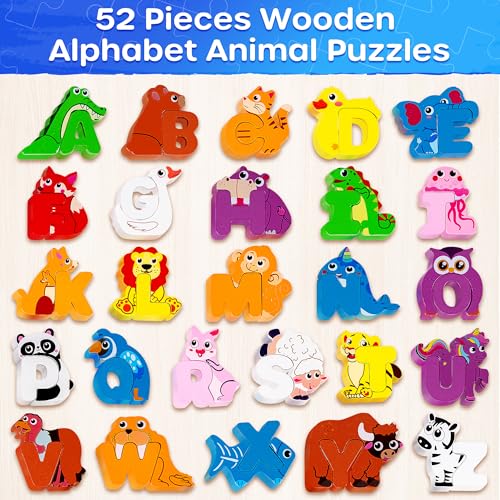 SYNARRY Wooden Alphabet Puzzle 52 Pieces ABC Puzzles for Kids Ages 35 Alphabet ABC Letter Blocks Puzzles for Toddlers 24 Animals Letter Matching Preschool Learning Toys Easter Gifts for Kids - Image 5