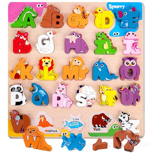 SYNARRY Wooden Alphabet Puzzle 52 Pieces ABC Puzzles for Kids Ages 35 Alphabet ABC Letter Blocks Puzzles for Toddlers 24 Animals Letter Matching Preschool Learning Toys Easter Gifts for Kids - Image 1