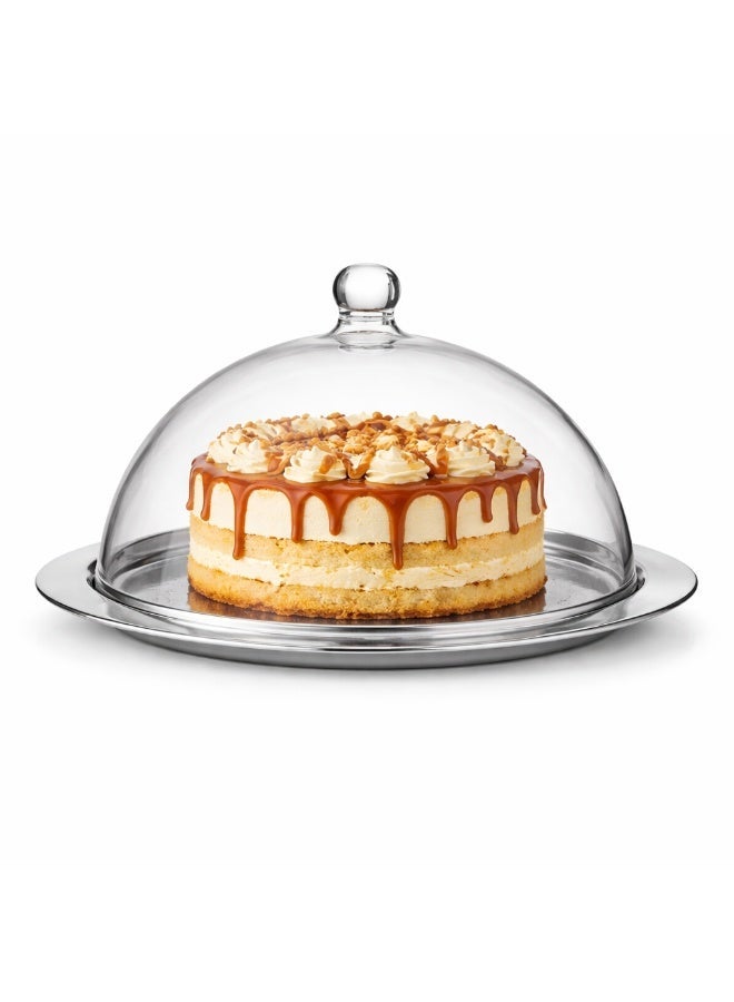 دانيا ✨ طبق تقديم ستانلس مع غطاء زجاج – قطر 37.5 سم | مثالي للقهوة السعودية والتمر والحلويات ☕🌴🍰 - Image 1