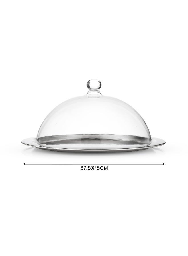 دانيا ✨ طبق تقديم ستانلس مع غطاء زجاج – قطر 37.5 سم | مثالي للقهوة السعودية والتمر والحلويات ☕🌴🍰 - Image 4