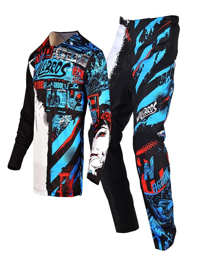 Willbros Motocross Jersey Pant Combo Mens MX Gear Set Riding Ride Black Blue Dirt Bike Offroad Racing Adult, Black Blue, Jersey S/Pants W30 - Image 1
