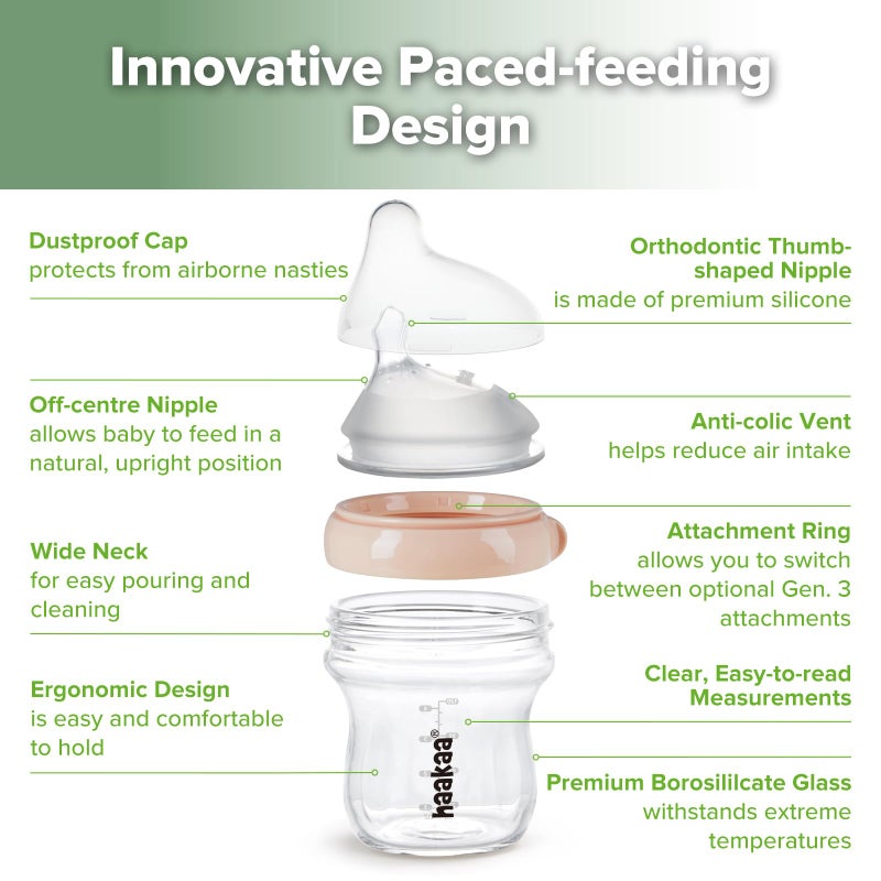haakaa Gen.3 Natural Glass Baby Bottle 4.2oz/120ml - Wide Neck, Anti-Colic Slow Flow Nipple,Easy to Clean, 0M+ Breastfed Babies, Newborn Registry Essentials,BPA Free-Peach - Image 4